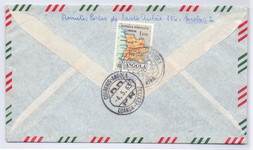 1108 v.jpg -     Lote:    1108 (verso)            Angola       Descrição:         1955 &mdash; Mapa de Angola. Sobrescrito circulado de Lisboa (01.05.63) para a Posta Restante de Luanda (04.05.63) com par de selos tipo Cavaleiro Medieval de 2$00 CE771. Pagou o serviço da Posta Restante com selo de 1$00 CE 382. B e R,        Carta       Valor Base:     &euro; 25,00     Valor Venda:     Retirado     